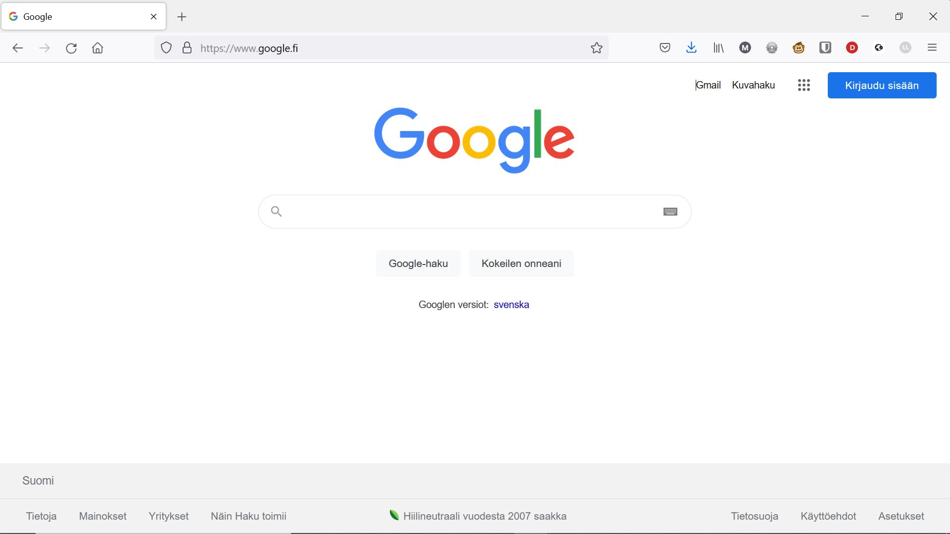 Googlesivu jossa osoitekenttään kirjoitettu google.fi