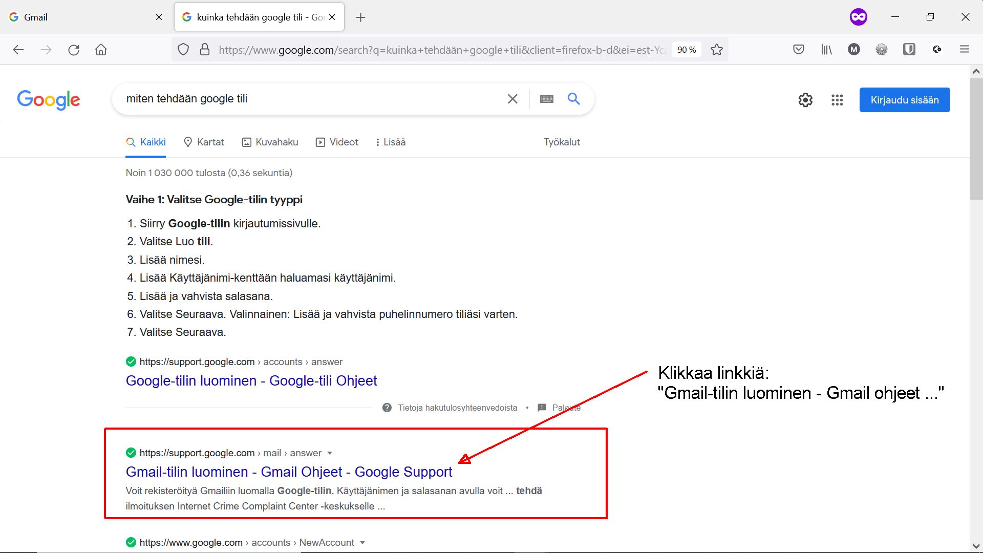 Googlesivu jossa osoitekenttään kirjoitettu google.fi