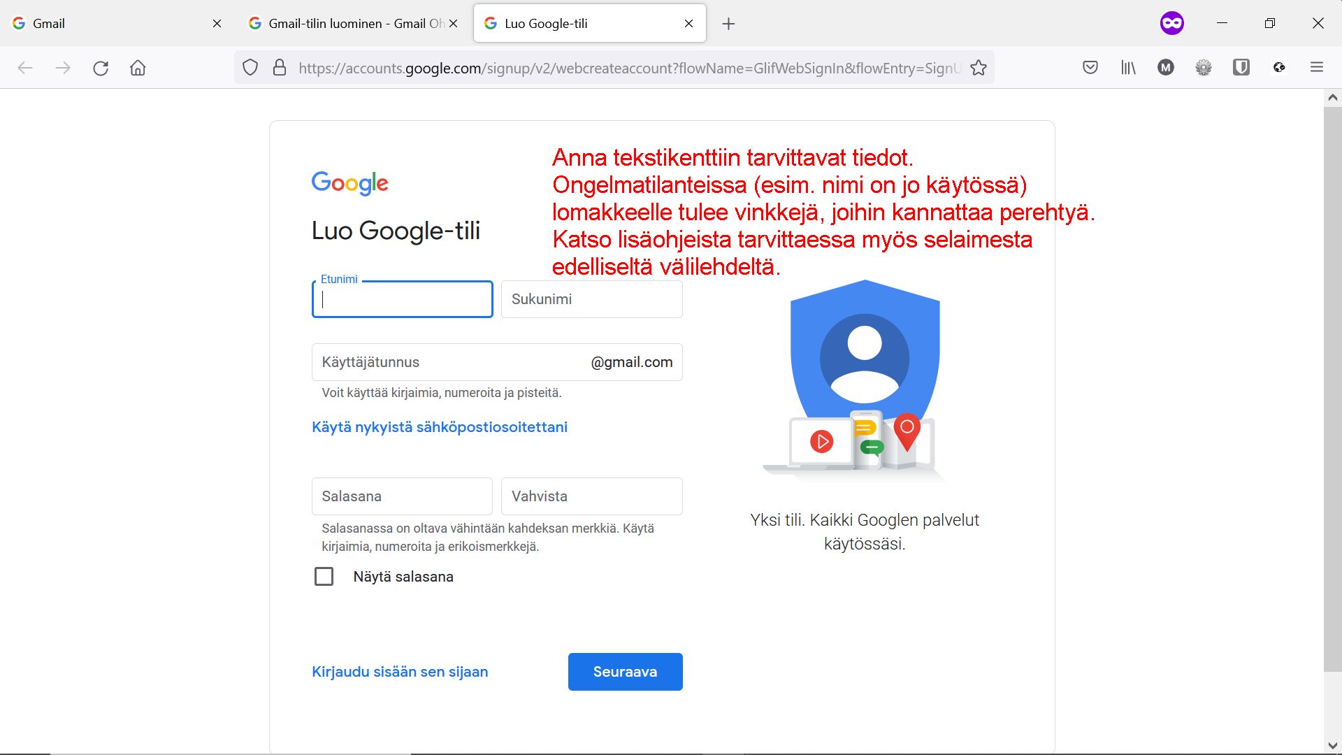 Googlesivu jossa osoitekenttään kirjoitettu google.fi